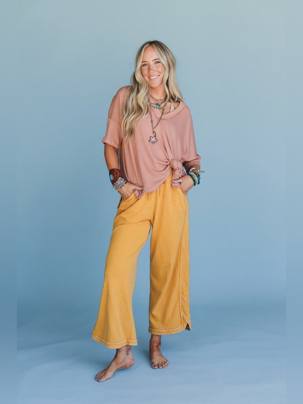 $72 THREE BIRD NEST Mustard Yellow So Comfy Wide Leg Crop Boho Pant, Size LARGE